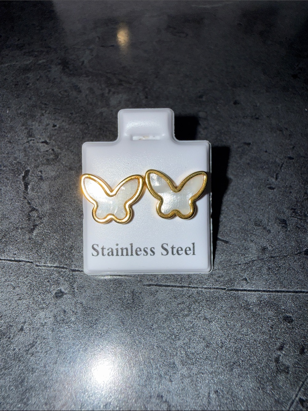 Gold Butterfly Stainless Steel Stud Earrings with White Inlay